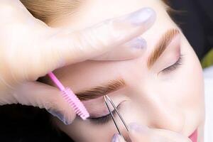 a close-up of the eyebrows of the model, the master holds in his hand a tweezer that removes excess hairs of already colored and laminated eyebrows photo