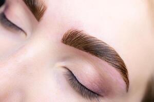 close-up of combed eyebrows with eyebrow paint applied to them photo