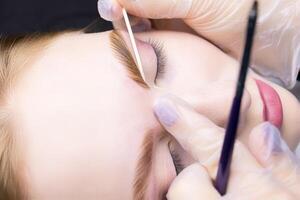 close-up alignment of the contour of the eyebrows with a cotton swab after the procedure lamination and coloring of the eyebrows photo