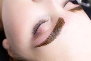 a close-up of the eyebrows of a young model on which hair coloring paints were applied after the lamination procedure photo