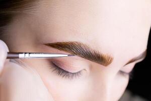 in the hands of the master, a thin brown brush with which he applies eyebrow paint to the hairs after the lamination procedure photo