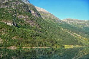 View of Geiranger fjord from the boat, Western fjords, Norway. Hardanger fjord landscape. Scandinavian mountains of Sunnylvsfjorden canyon photo