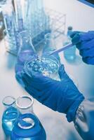 chemist,scientist hand dropping chemical liquid into test tube, science research and development concept photo