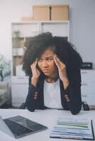 Overworked businesswoman stress from work or upset after finishing meeting. Emotional pressure, stress at work concept photo