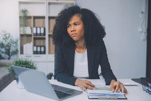 Overworked businesswoman stress from work or upset after finishing meeting. Emotional pressure, stress at work concept photo