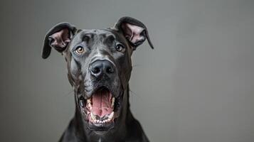 Great Dane, angry dog baring its teeth, studio lighting pastel background photo