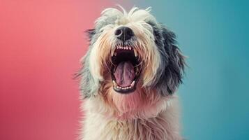 antiguo Inglés perro pastor, enojado perro desnudando sus dientes, estudio Encendiendo pastel antecedentes foto