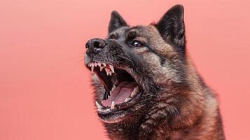 Norwegian Elkhound, angry dog baring its teeth, studio lighting pastel background photo