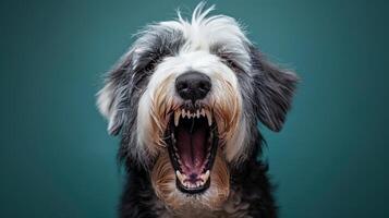 Old English Sheepdog, angry dog baring its teeth, studio lighting pastel background photo