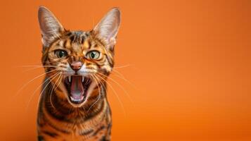 Bengal, angry cat baring its teeth, studio lighting pastel background photo
