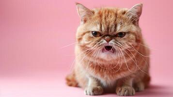 Exotic Shorthair, angry cat baring its teeth, studio lighting pastel background photo