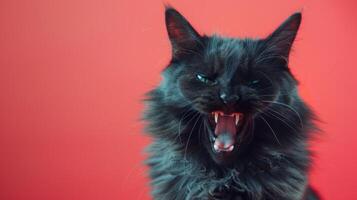 LaPerm, angry cat baring its teeth, studio lighting pastel background photo