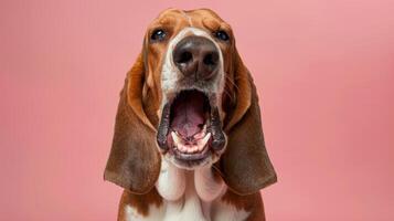 Basset Hound, angry dog baring its teeth, studio lighting pastel background photo