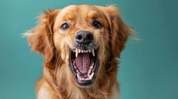 Golden Retriever, angry dog baring its teeth, studio lighting pastel background photo