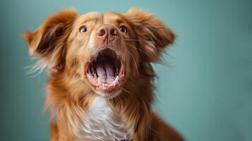 Nova Scotia Duck Tolling Retriever, angry dog baring its teeth, studio lighting pastel background photo