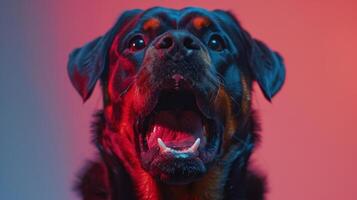 Rottweiler, angry dog baring its teeth, studio lighting pastel background photo