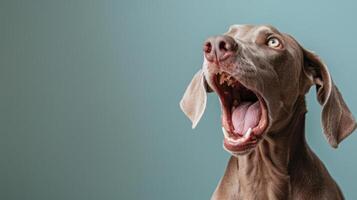 Weimaraner, angry dog baring its teeth, studio lighting pastel background photo