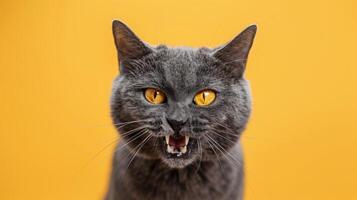 Chartreux, angry cat baring its teeth, studio lighting pastel background photo