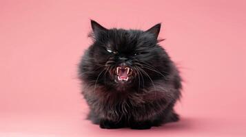 Bombay, angry cat baring its teeth, studio lighting pastel background photo