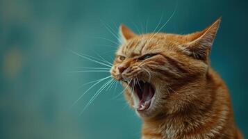 Aegean, angry cat baring its teeth, studio lighting pastel background photo