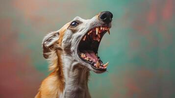 Borzoi, angry dog baring its teeth, studio lighting pastel background photo