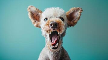 Bedlington terrier, enojado perro desnudando sus dientes, estudio Encendiendo pastel antecedentes foto