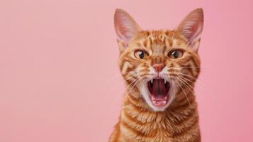 Ocicat, angry cat baring its teeth, studio lighting pastel background photo