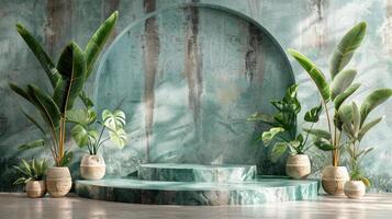 The image is a 3D rendering of a stage made of marble with tropical plants on each side photo