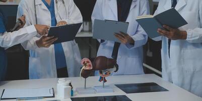 médico, reunión y ordenador portátil para equipo en oficina en discusión, lluvia de ideas y planificación. doctor, enfermero y computadora en escritorio, trabajo en equipo o taller para modelo interno Organo. foto