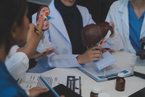 médico, reunión y ordenador portátil para equipo en oficina en discusión, lluvia de ideas y planificación. doctor, enfermero y computadora en escritorio, trabajo en equipo o taller para modelo interno Organo. foto