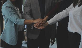 Business people shaking hands after meeting. colleagues handshaking after conference. Greeting deal, teamwork partnership cooperate concept. photo