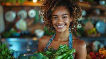 Young Woman Smiling While Preparing Healthy Green Smoothie photo