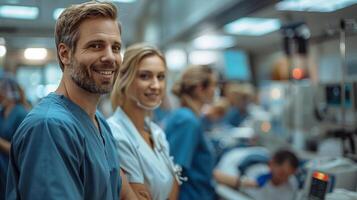 Medical Team Performing a Delivery in a Hospital Room photo
