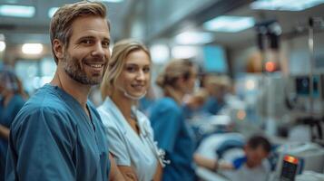 médico equipo ejecutando un entrega en un hospital habitación foto