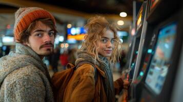 Young Couple Using an ATM in a Busy Indoor Area photo