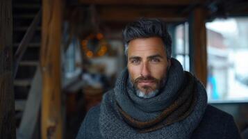 confidente hermoso hombre con elegante barba y gris suéter tipo con cuello de tortuga foto