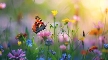 ai generado mariposa en vistoso flores en el prado a puesta de sol. foto