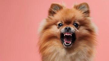 pomeranio, enojado perro desnudando sus dientes, estudio Encendiendo pastel antecedentes foto