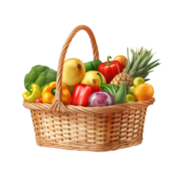 Basket full of assorted grocery products isolated on transparent background, without background . png