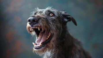 Irish Wolfhound, angry dog baring its teeth, studio lighting pastel background photo