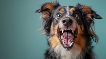 Australian Shepherd, angry dog baring its teeth, studio lighting pastel background photo