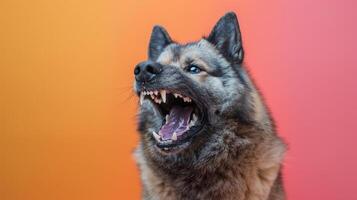 Norwegian Elkhound, angry dog baring its teeth, studio lighting pastel background photo