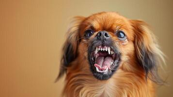 pekinés, enojado perro desnudando sus dientes, estudio Encendiendo pastel antecedentes foto