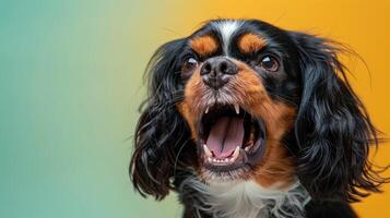 Cavalier King Charles Spaniel, angry dog baring its teeth, studio lighting pastel background photo