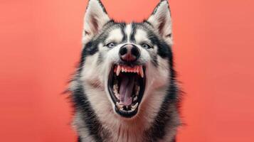 Alaska malamute, enojado perro desnudando sus dientes, estudio Encendiendo pastel antecedentes foto