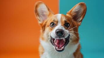 Pembroke Welsh Corgi, angry dog baring its teeth, studio lighting pastel background photo