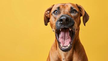 Rhodesian Ridgeback, angry dog baring its teeth, studio lighting pastel background photo