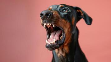 Doberman Pinscher, angry dog baring its teeth, studio lighting pastel background photo