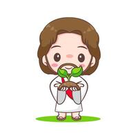 Cute Jesus Christ carries seed cartoon character. Hand drawn Chibi character, clip art, sticker, isolated white background. Christian Bible for kids. Mascot logo icon art illustration vector