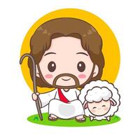 Cute Jesus Christ and the sheep cartoon. Hand drawn Chibi character isolated white background. Christian Bible for kids. Mascot logo icon art illustration vector